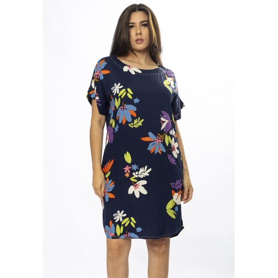 Vestido Curto Viscose com Bolso Estampa Festa das Flores Azul