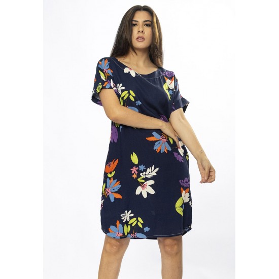Vestido Curto Viscose com Bolso Estampa Festa das Flores Azul