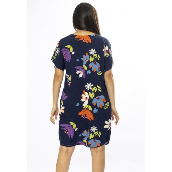 Vestido Curto Viscose com Bolso Estampa Festa das Flores Azul