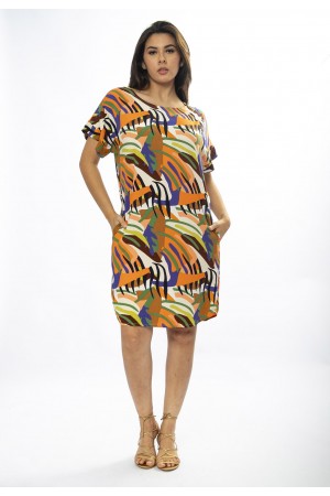 Vestido Curto Viscose com Bolso Estampa Cores Vibrantes