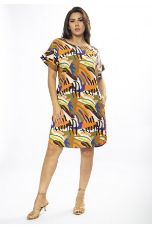 Vestido Curto Viscose com Bolso Estampa Cores Vibrantes
