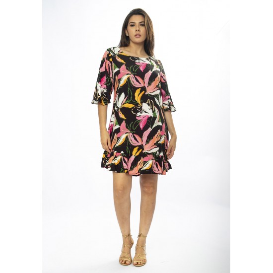 Vestido Curto Viscose Estampa Pétalas Noturna