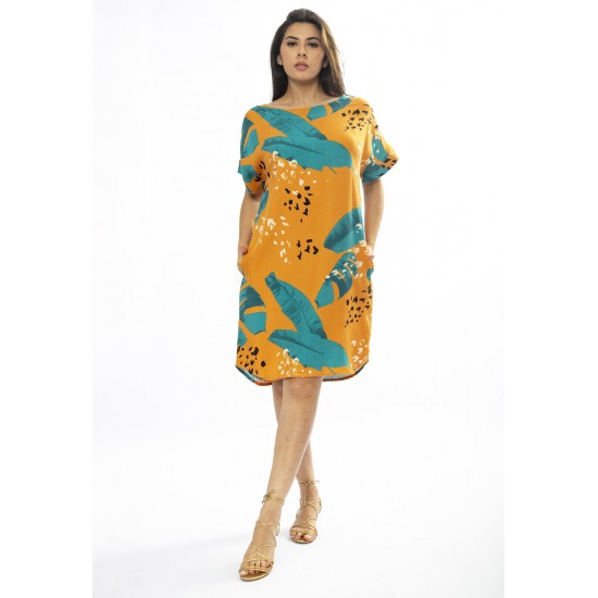 Vestido Curto Viscose com Bolso Estampa Aurora Botânica