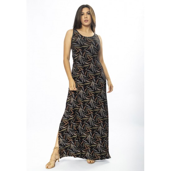Vestido Longo Butiá Malha Regata Estampa Folhagem