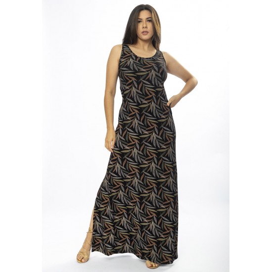 Vestido Longo Butiá Malha Regata Estampa Folhagem