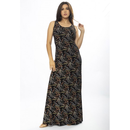 Vestido Longo Butiá Malha Regata Estampa Folhagem