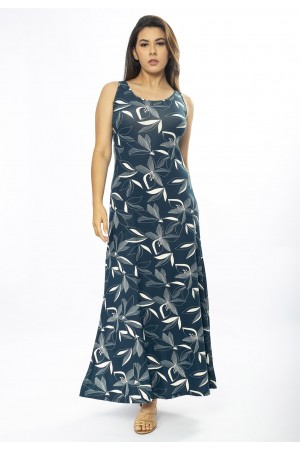 Vestido Longo Butiá Malha Regata Estampa Hibisco Blue