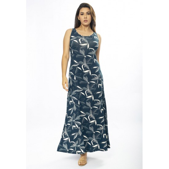 Vestido Longo Butiá Malha Regata Estampa Hibisco Blue