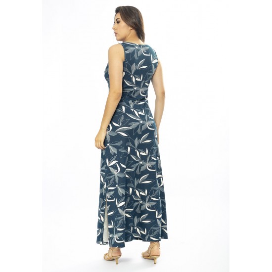 Vestido Longo Butiá Malha Regata Estampa Hibisco Blue
