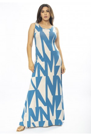 Vestido Longo Butiá Malha Regata Estampa Geometric Blue