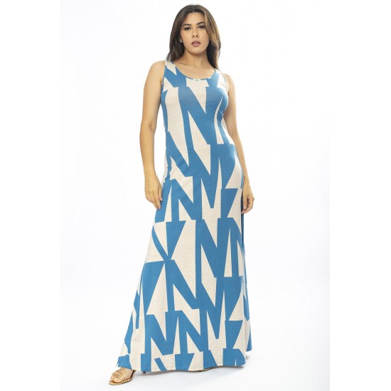 Vestido Longo Butiá Malha Regata Estampa Geometric Blue