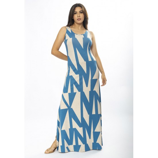 Vestido Longo Butiá Malha Regata Estampa Geometric Blue