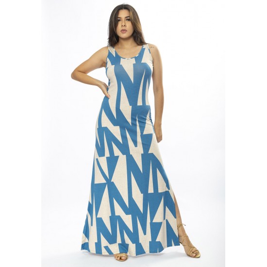 Vestido Longo Butiá Malha Regata Estampa Geometric Blue