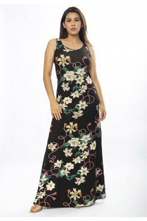 Vestido Longo Butiá Malha Regata Estampa Flores Ébano