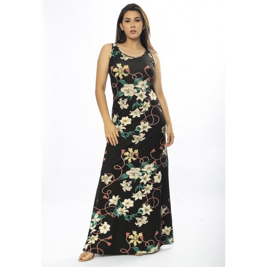 Vestido Longo Butiá Malha Regata Estampa Flores Ébano