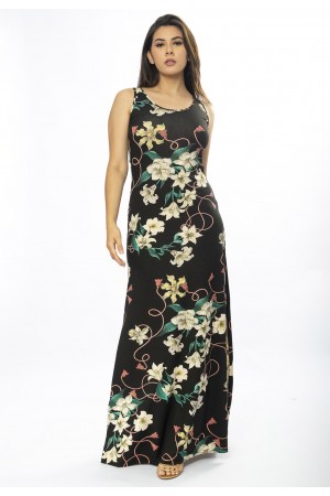 Vestido Longo Butiá Malha Regata Estampa Flores Ébano