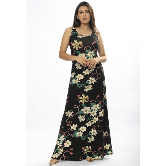 Vestido Longo Butiá Malha Regata Estampa Flores Ébano