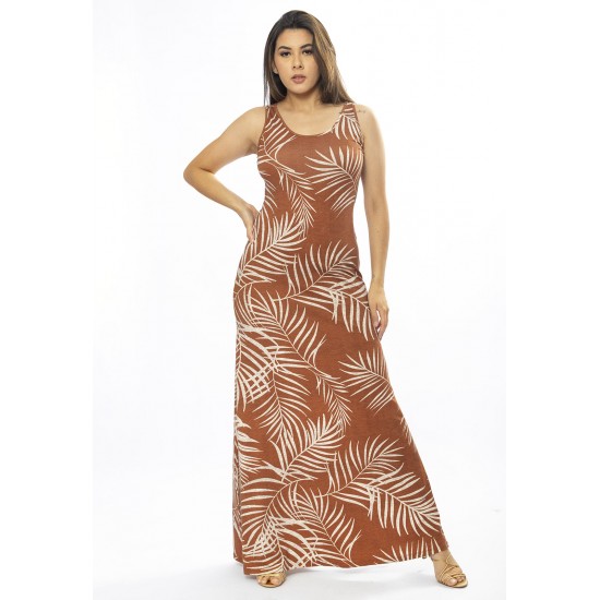 Vestido Longo Butiá Malha Regata Estampa Palmas da Terra