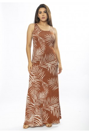 Vestido Longo Butiá Malha Regata Estampa Palmas da Terra