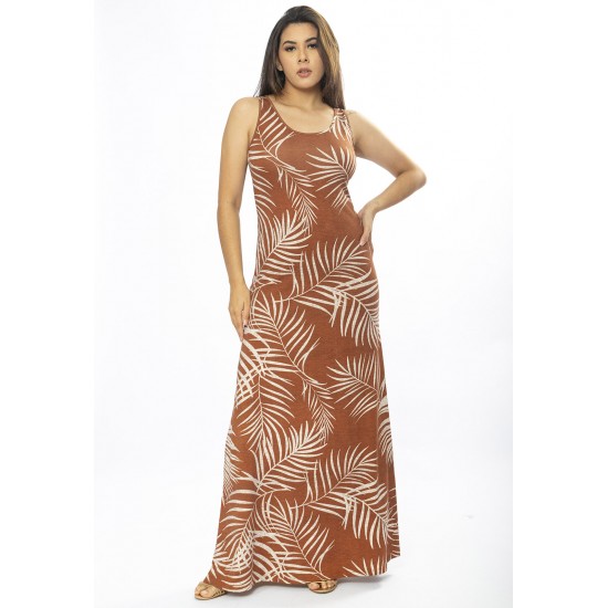 Vestido Longo Butiá Malha Regata Estampa Palmas da Terra
