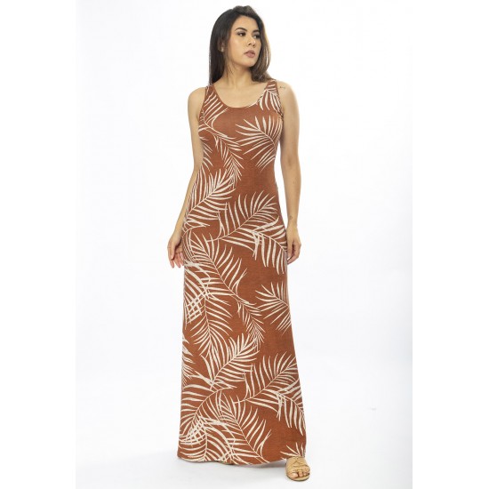 Vestido Longo Butiá Malha Regata Estampa Palmas da Terra