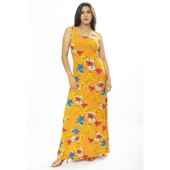 Vestido Longo Butiá Malha Regata Estampa Laranja Floral