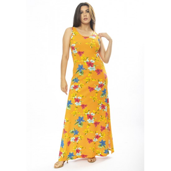 Vestido Longo Butiá Malha Regata Estampa Laranja Floral
