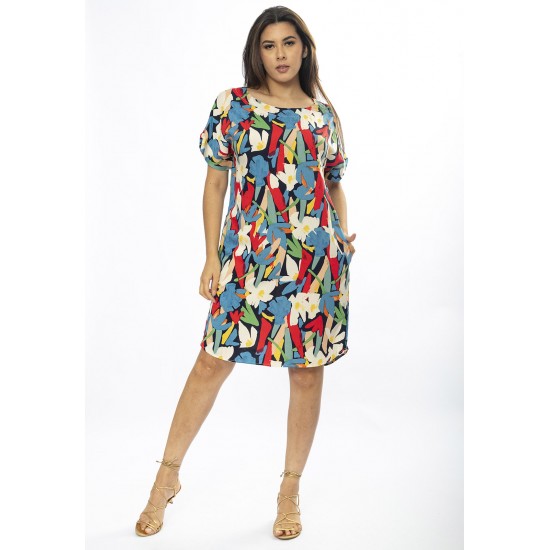 Vestido Curto Viscose com Bolso Estampa Floresce