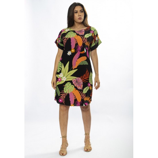 Vestido Curto Viscose com Bolso Estampa Noite Botânica