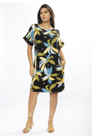 Vestido Curto Viscose com Bolso Estampa Jardim Noturno