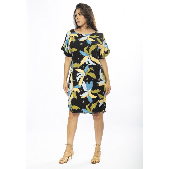 Vestido Curto Viscose com Bolso Estampa Jardim Noturno