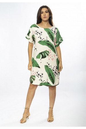 Vestido Curto Viscose com Bolso Estampa Folhagem Poética