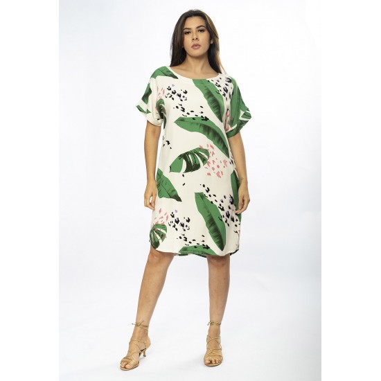 Vestido Curto Viscose com Bolso Estampa Folhagem Poética