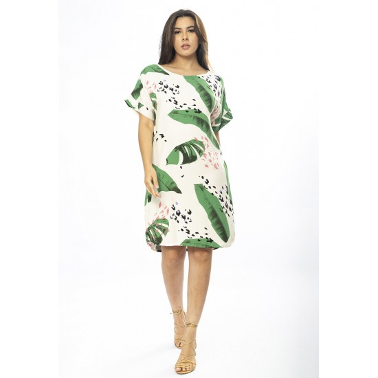 Vestido Curto Viscose com Bolso Estampa Folhagem Poética