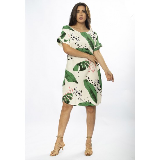 Vestido Curto Viscose com Bolso Estampa Folhagem Poética