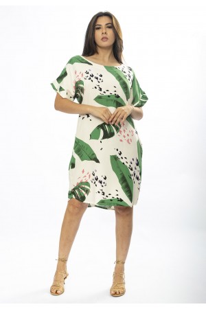 Vestido Curto Viscose com Bolso Estampa Folhagem Poética