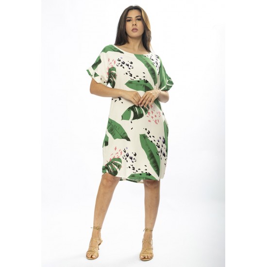 Vestido Curto Viscose com Bolso Estampa Folhagem Poética