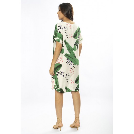 Vestido Curto Viscose com Bolso Estampa Folhagem Poética