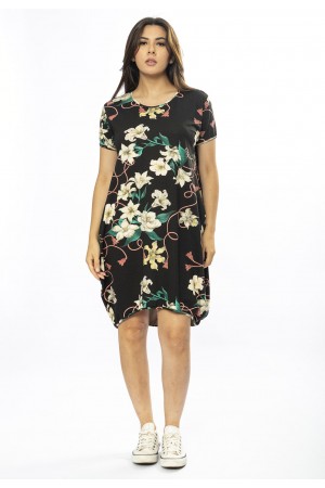 Vestido Curto Malha Amplo Always Estampa Flores Ébano