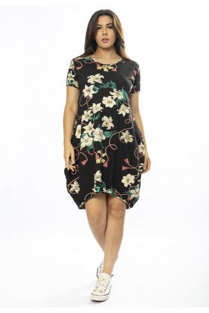 Vestido Curto Malha Amplo Always Estampa Flores Ébano