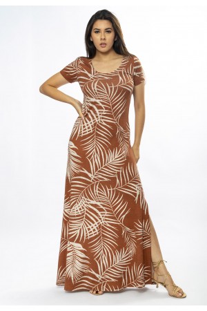 Vestido Longo Malha Gola Canoa Manga Curta Estampa Palmas da Terra