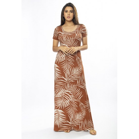 Vestido Longo Malha Gola Canoa Manga Curta Estampa Palmas da Terra