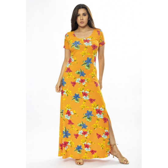 Vestido Longo Malha Gola Canoa Manga Curta Estampa Laranja Floral