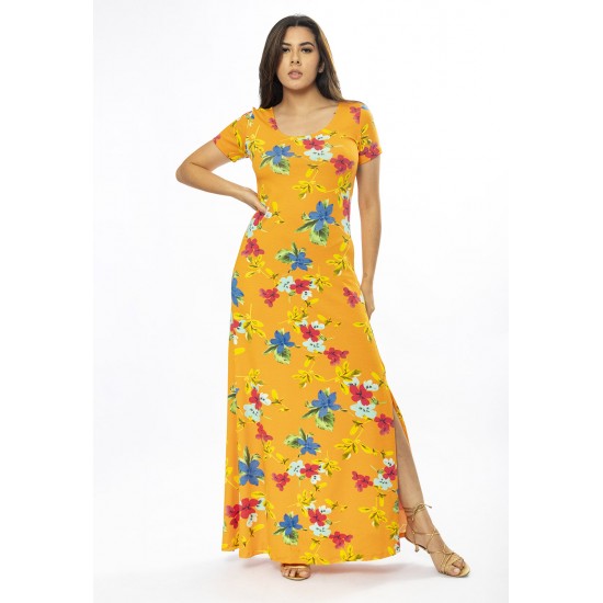 Vestido Longo Malha Gola Canoa Manga Curta Estampa Laranja Floral