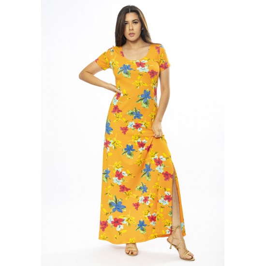 Vestido Longo Malha Gola Canoa Manga Curta Estampa Laranja Floral