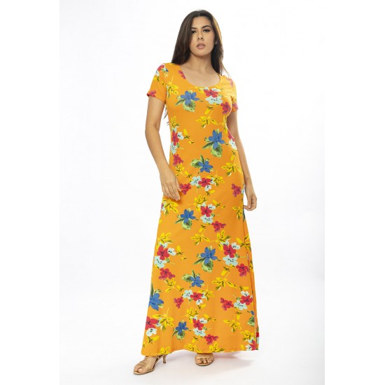 Vestido Longo Malha Gola Canoa Manga Curta Estampa Laranja Floral