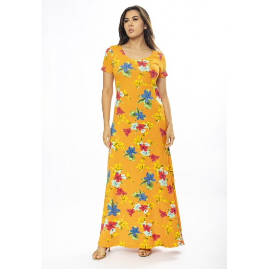 Vestido Longo Malha Gola Canoa Manga Curta Estampa Laranja Floral