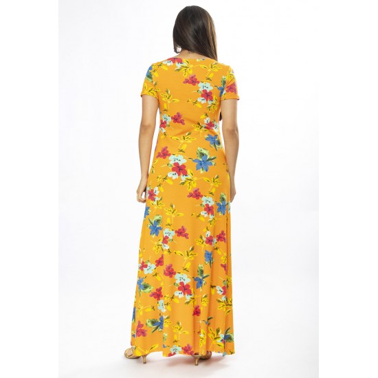 Vestido Longo Malha Gola Canoa Manga Curta Estampa Laranja Floral