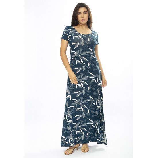Vestido Longo Malha Gola Canoa Manga Curta Estampa Hibisco Blue