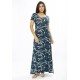 Vestido Longo Malha Gola Canoa Manga Curta Estampa Hibisco Blue